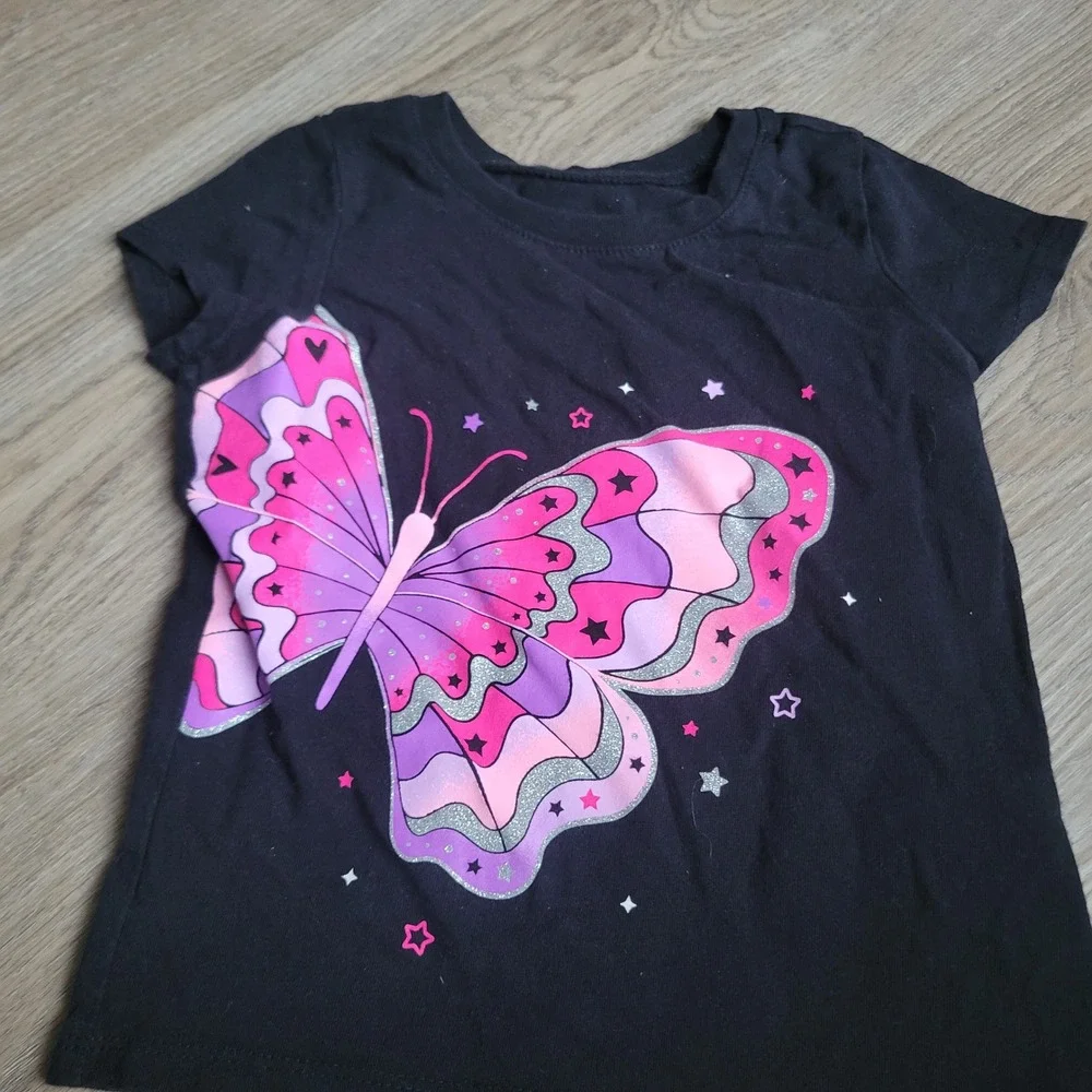 The Children's Place Girls T-Shirt 2T Black Cotton Butterfly Glitter Casual Tee